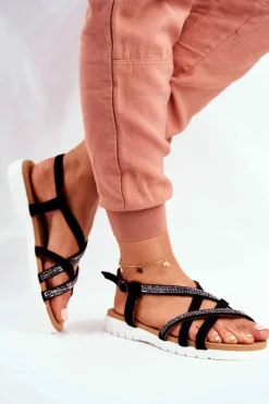 Sandały Płaskie>Boto Damskie Sandały Lu Boo Z Cyrkoniami 406-6 Czarne Feen