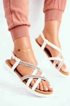 Discount Damskie Sandały Lu Boo Z Cyrkoniami 406-6 Białe Feen Damskie Sandały Płaskie