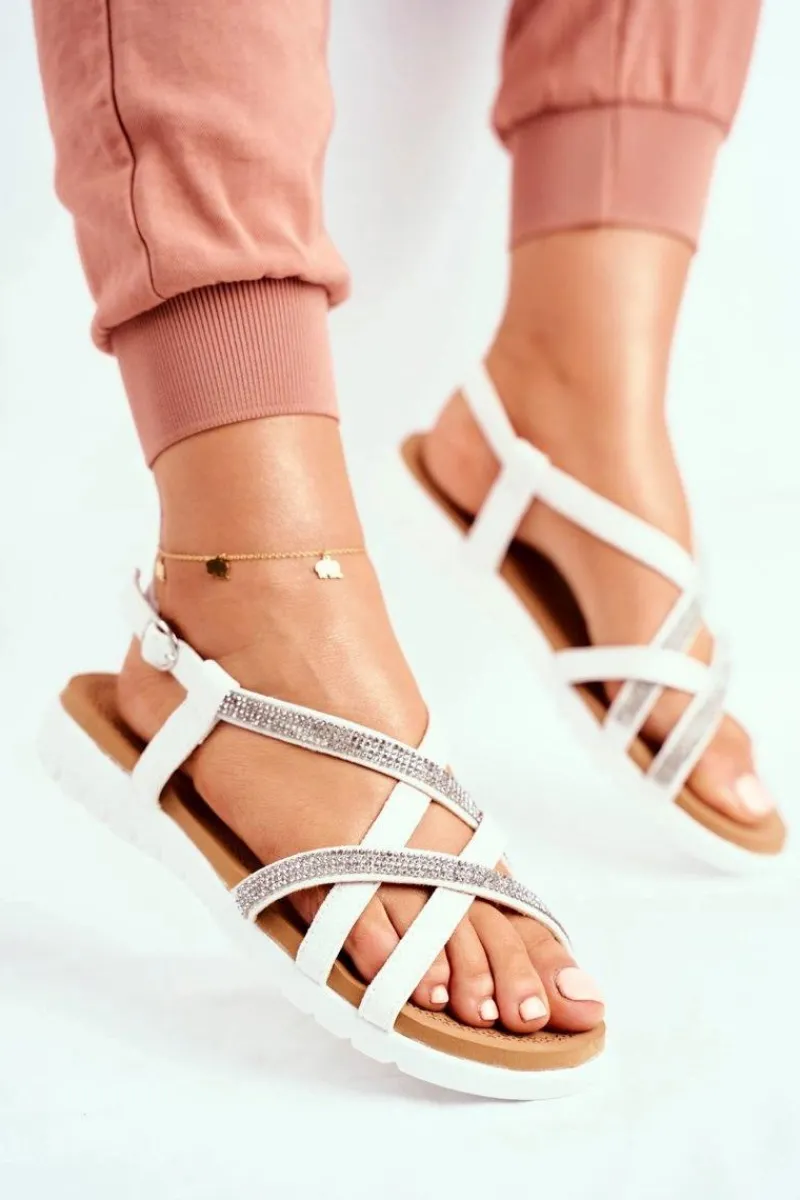 Discount Damskie Sandały Lu Boo Z Cyrkoniami 406-6 Białe Feen Damskie Sandały Płaskie