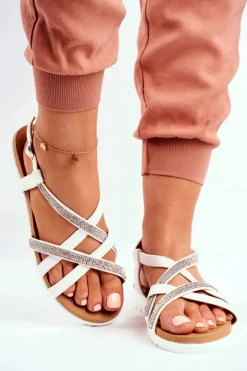 Discount Damskie Sandały Lu Boo Z Cyrkoniami 406-6 Białe Feen Damskie Sandały Płaskie