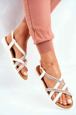 Discount Damskie Sandały Lu Boo Z Cyrkoniami 406-6 Białe Feen Damskie Sandały Płaskie