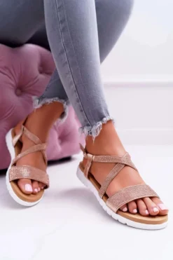 Sandały Płaskie>Boto Damskie Sandały Lu Boo Z Cyrkoniami 406-5 Różowe Złoto Stella