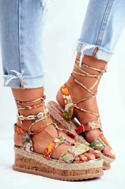 Clearance Boto Damskie Sandały Na Korkowej Platformie Wiązane Pomarańczowe My Way