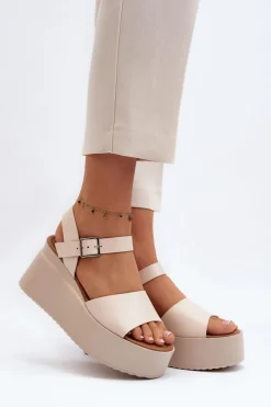 Boto Damskie Sandały Na Koturnie Beżowe Geferia