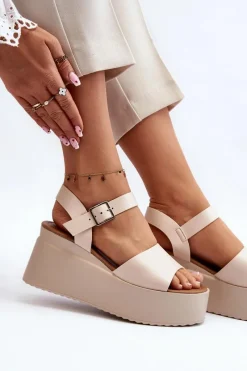 Boto Damskie Sandały Na Koturnie Beżowe Geferia