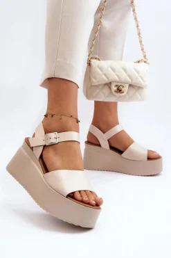 Boto Damskie Sandały Na Koturnie Beżowe Geferia