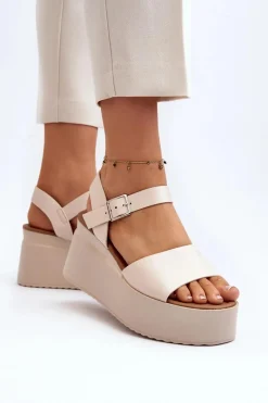 Boto Damskie Sandały Na Koturnie Beżowe Geferia