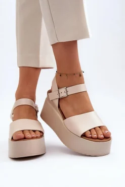 Boto Damskie Sandały Na Koturnie Beżowe Geferia