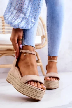 Boto Damskie Sandały Na Koturnie Z Cyrkoniami Beżowe Linette