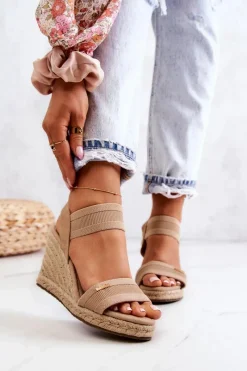 New Damskie Sandały Na Koturnie Big Star JJ274978 Beżowe Damskie Sandały Big Star|Sandały Na Koturnie