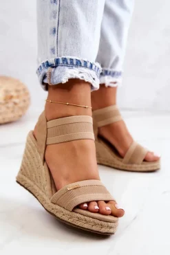 New Damskie Sandały Na Koturnie Big Star JJ274978 Beżowe Damskie Sandały Big Star|Sandały Na Koturnie