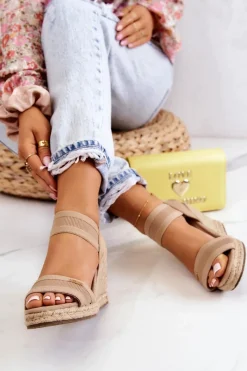 New Damskie Sandały Na Koturnie Big Star JJ274978 Beżowe Damskie Sandały Big Star|Sandały Na Koturnie