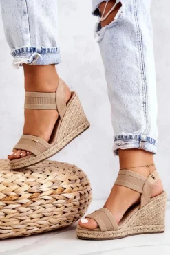 New Damskie Sandały Na Koturnie Big Star JJ274978 Beżowe Damskie Sandały Big Star|Sandały Na Koturnie