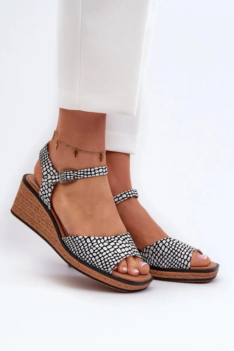 Best Damskie Sandały Na Koturnie Sergio Leone SK303 Biało-Czarne Damskie Sandały Na Koturnie