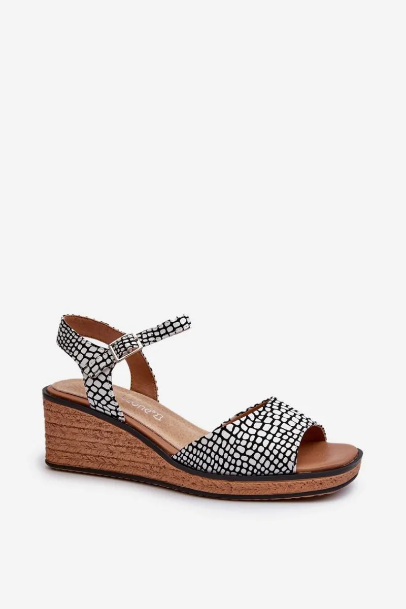 Best Damskie Sandały Na Koturnie Sergio Leone SK303 Biało-Czarne Damskie Sandały Na Koturnie