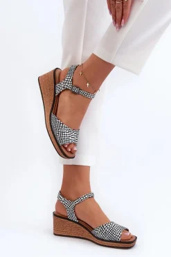 Best Damskie Sandały Na Koturnie Sergio Leone SK303 Biało-Czarne Damskie Sandały Na Koturnie