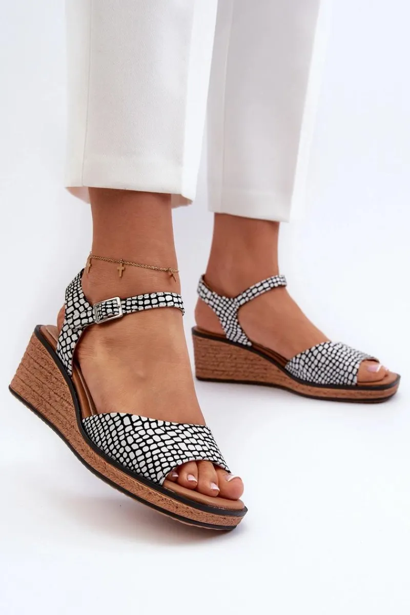 Best Damskie Sandały Na Koturnie Sergio Leone SK303 Biało-Czarne Damskie Sandały Na Koturnie