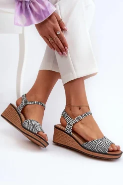 Best Damskie Sandały Na Koturnie Sergio Leone SK303 Biało-Czarne Damskie Sandały Na Koturnie