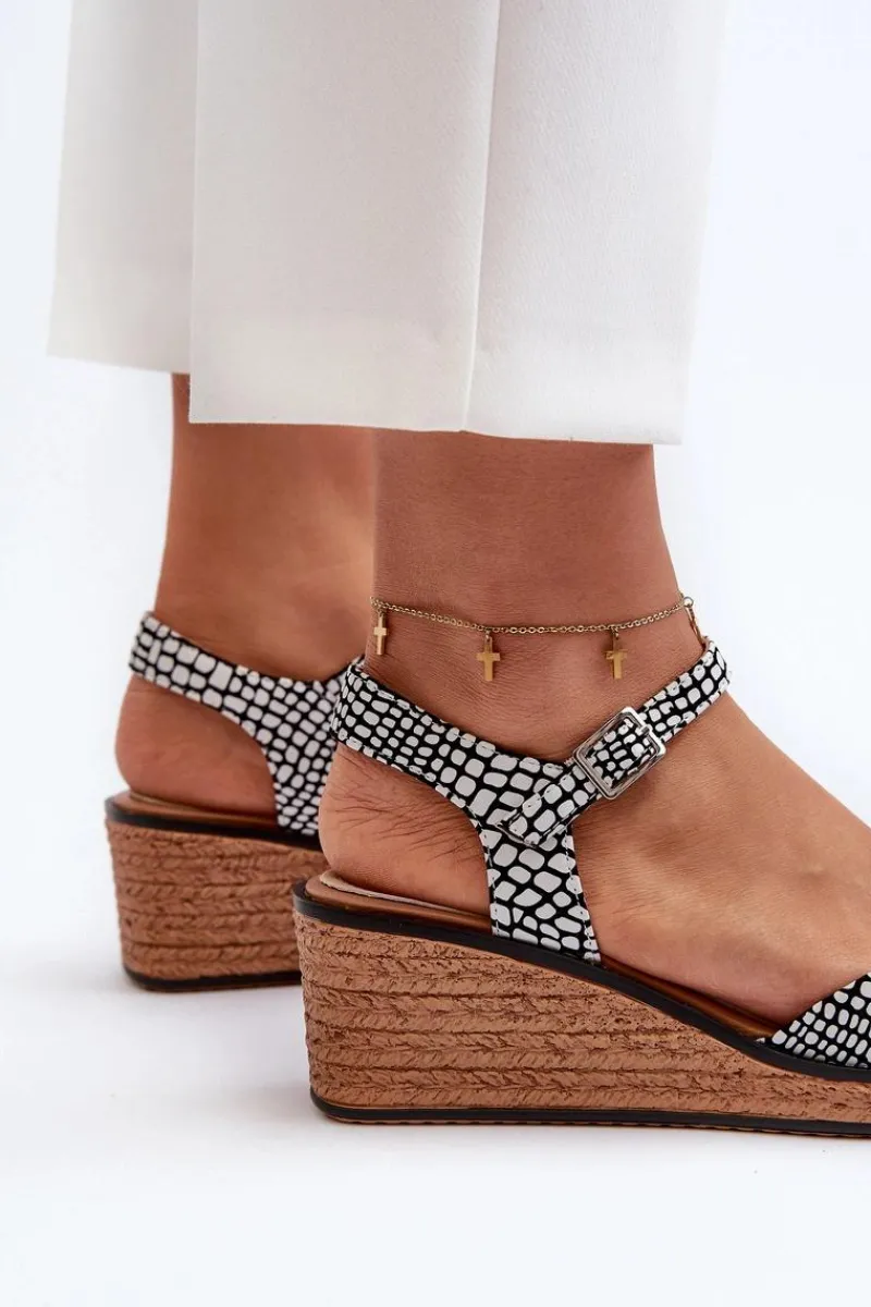 Best Damskie Sandały Na Koturnie Sergio Leone SK303 Biało-Czarne Damskie Sandały Na Koturnie