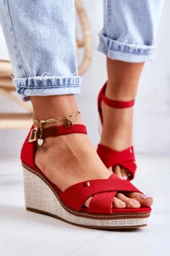 Boto Damskie Sandały Na Koturnie Czerwone Veenus