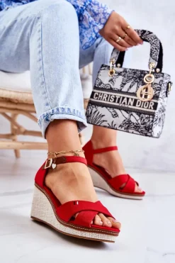 Boto Damskie Sandały Na Koturnie Czerwone Veenus