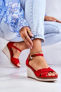 Boto Damskie Sandały Na Koturnie Czerwone Veenus