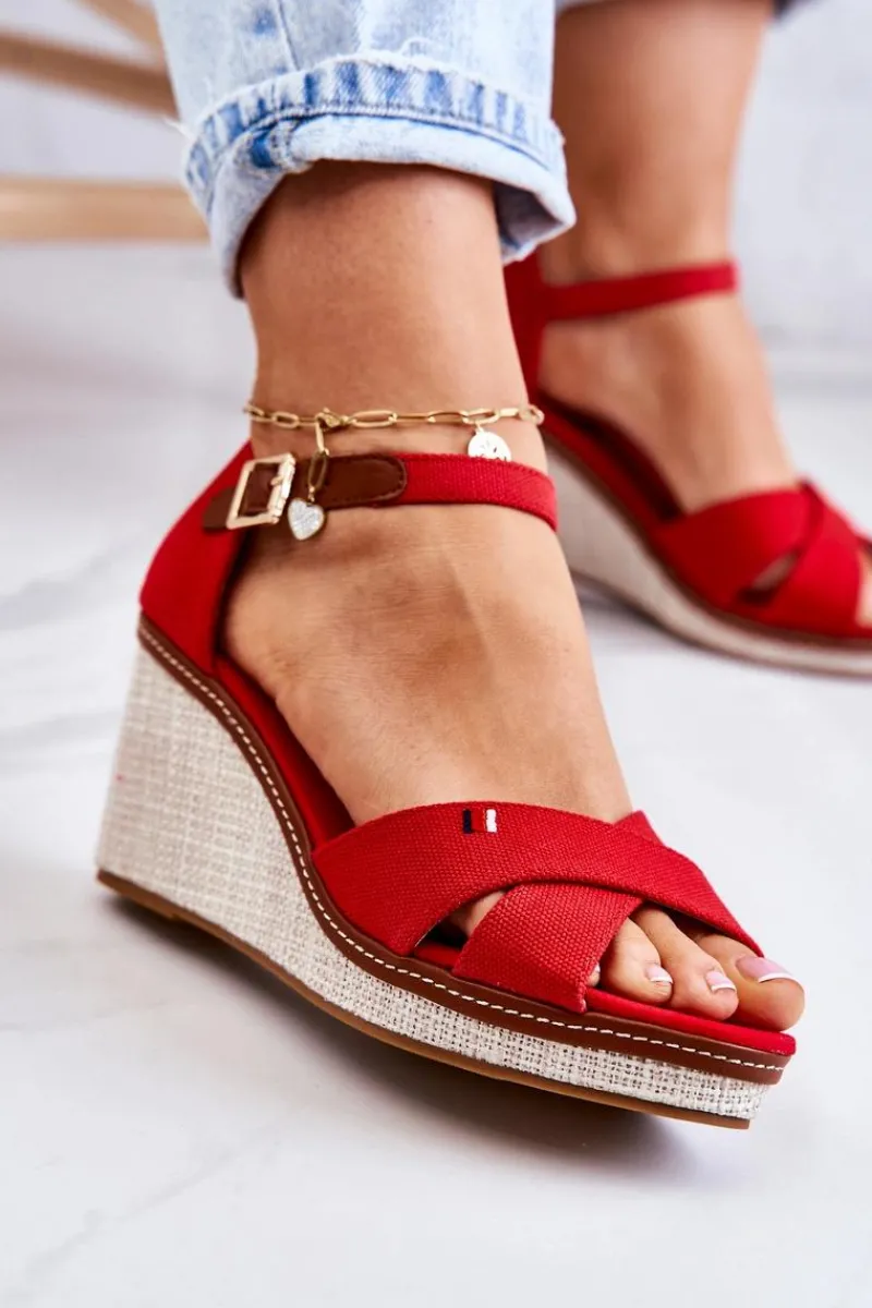 Boto Damskie Sandały Na Koturnie Czerwone Veenus