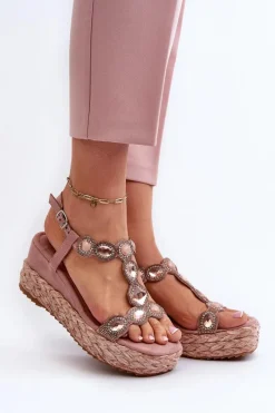 Sale Damskie Sandały Na Koturnie Z Plecionką S.Barski MY291 Różowe Damskie Sandały Na Obcasie|Sandały Na Koturnie