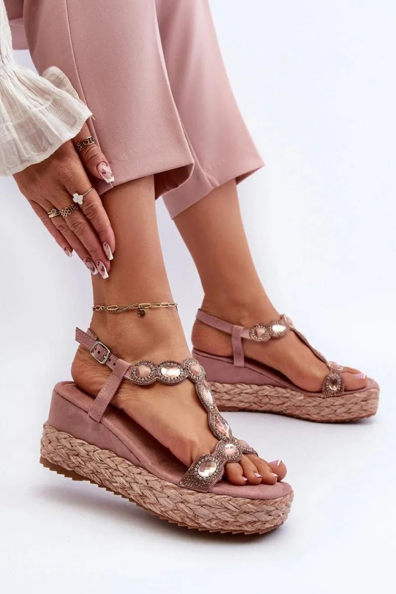 Sale Damskie Sandały Na Koturnie Z Plecionką S.Barski MY291 Różowe Damskie Sandały Na Obcasie|Sandały Na Koturnie