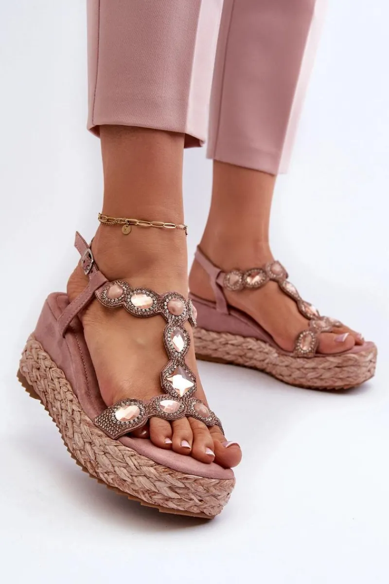 Sale Damskie Sandały Na Koturnie Z Plecionką S.Barski MY291 Różowe Damskie Sandały Na Obcasie|Sandały Na Koturnie