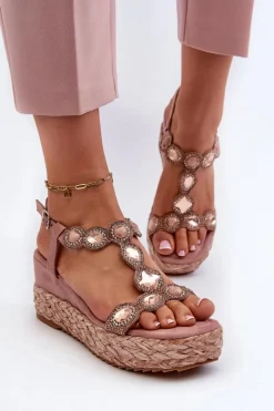 Sale Damskie Sandały Na Koturnie Z Plecionką S.Barski MY291 Różowe Damskie Sandały Na Obcasie|Sandały Na Koturnie