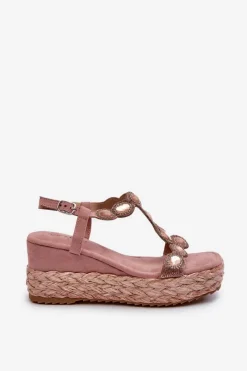 Sale Damskie Sandały Na Koturnie Z Plecionką S.Barski MY291 Różowe Damskie Sandały Na Obcasie|Sandały Na Koturnie