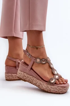 Sale Damskie Sandały Na Koturnie Z Plecionką S.Barski MY291 Różowe Damskie Sandały Na Obcasie|Sandały Na Koturnie