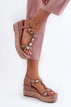 Sale Damskie Sandały Na Koturnie Z Plecionką S.Barski MY291 Różowe Damskie Sandały Na Obcasie|Sandały Na Koturnie