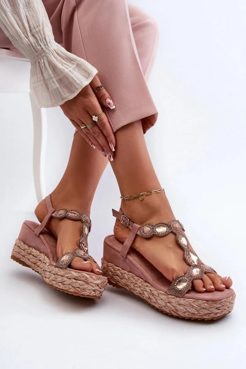 Sale Damskie Sandały Na Koturnie Z Plecionką S.Barski MY291 Różowe Damskie Sandały Na Obcasie|Sandały Na Koturnie