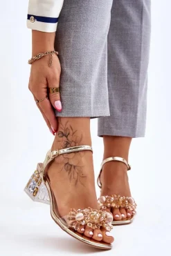 Sandały Na Obcasie>Damskie buty S.Barski Damskie Sandały Na Niskim Obcasie Z Ozdobami Złote Benicio