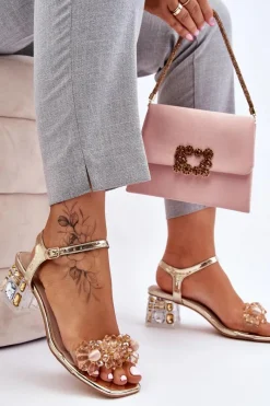 Sandały Na Obcasie>Damskie buty S.Barski Damskie Sandały Na Niskim Obcasie Z Ozdobami Złote Benicio