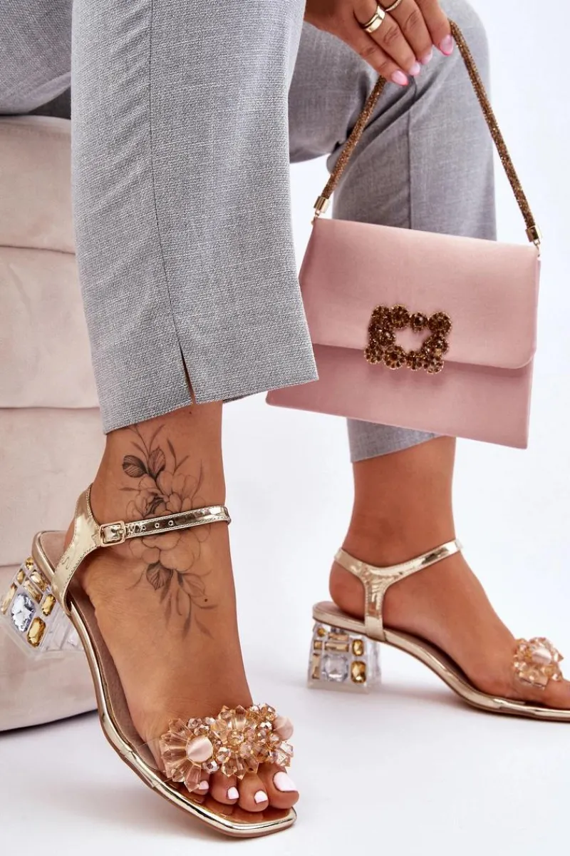 Sandały Na Obcasie>Damskie buty S.Barski Damskie Sandały Na Niskim Obcasie Z Ozdobami Złote Benicio