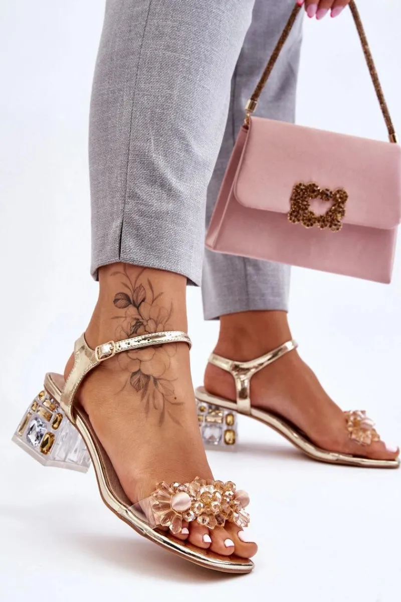 Sandały Na Obcasie>Damskie buty S.Barski Damskie Sandały Na Niskim Obcasie Z Ozdobami Złote Benicio