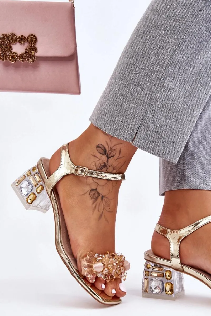 Sandały Na Obcasie>Damskie buty S.Barski Damskie Sandały Na Niskim Obcasie Z Ozdobami Złote Benicio