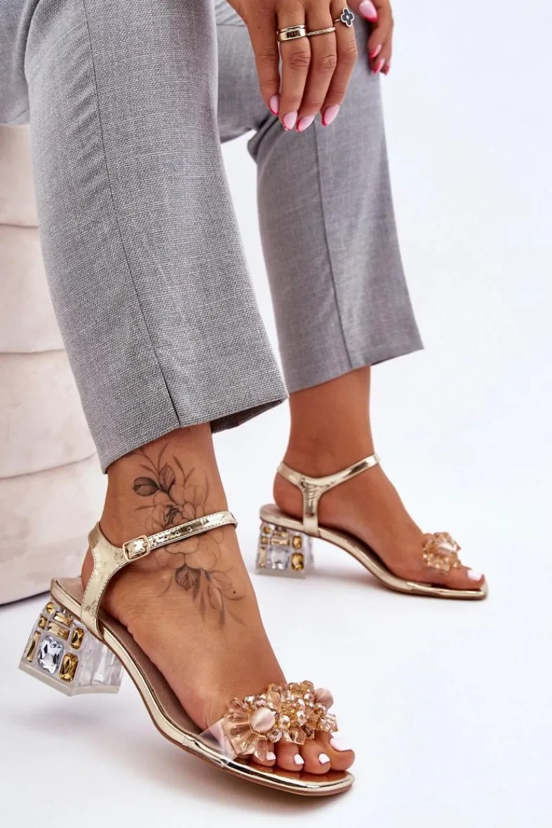 Sandały Na Obcasie>Damskie buty S.Barski Damskie Sandały Na Niskim Obcasie Z Ozdobami Złote Benicio