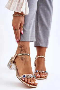 Sale Damskie buty S.Barski Damskie Sandały Na Obcasie Z Kryształkami Złote Esma