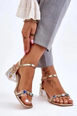 Sale Damskie buty S.Barski Damskie Sandały Na Obcasie Z Kryształkami Złote Esma