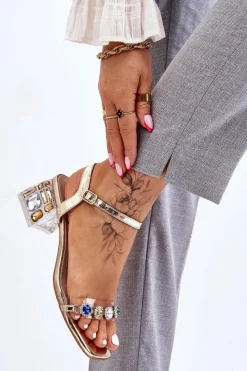 Sale Damskie buty S.Barski Damskie Sandały Na Obcasie Z Kryształkami Złote Esma