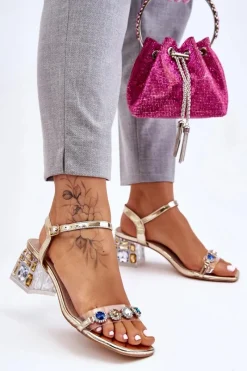 Sale Damskie buty S.Barski Damskie Sandały Na Obcasie Z Kryształkami Złote Esma