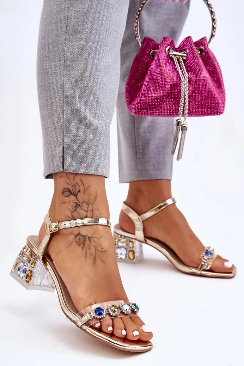 Sale Damskie buty S.Barski Damskie Sandały Na Obcasie Z Kryształkami Złote Esma