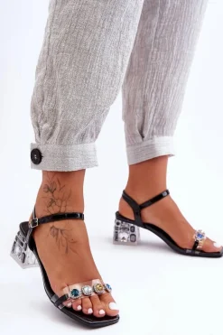 Best Damskie Sandały Na Obcasie Z Kryształkami Czarne S.Barski MR1037-01 Damskie Sandały Na Obcasie