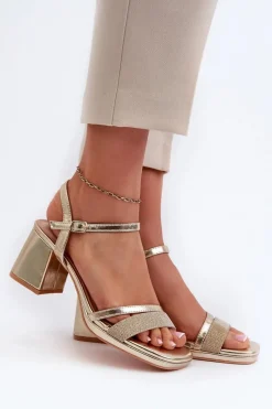 Sale Damskie Sandały Na Obcasie Z Błyszczącym Paskiem Złote Tessata Damskie Sandały Na Obcasie