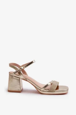 Sale Damskie Sandały Na Obcasie Z Błyszczącym Paskiem Złote Tessata Damskie Sandały Na Obcasie