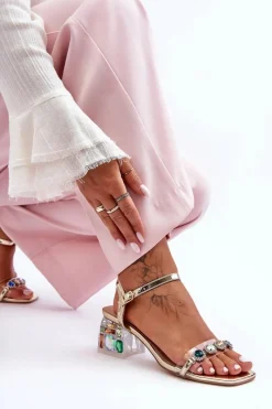 Hot Damskie Sandały Na Obcasie Z Kryształkami Złote S.Barski MR1037-01 Damskie Sandały Na Obcasie